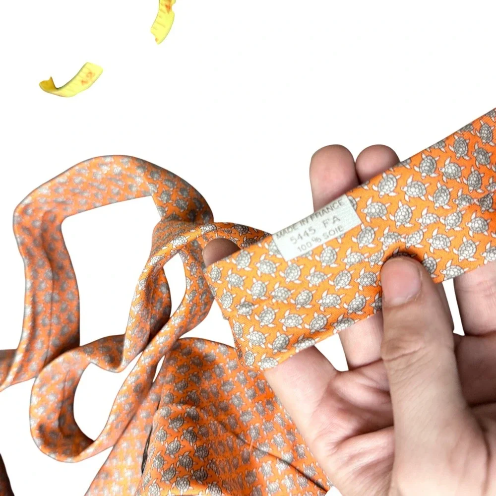 Hermes Silk Tie Mens Orange Sea Turtle Animal Print 5445 FA France